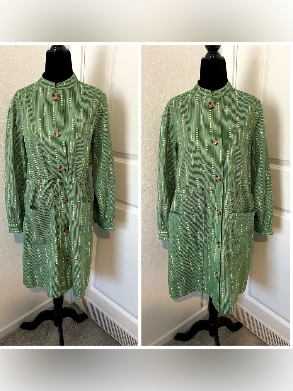 Tuckernuck Green Striped Button Front Mid Length Coat Dress w Pockets Size M